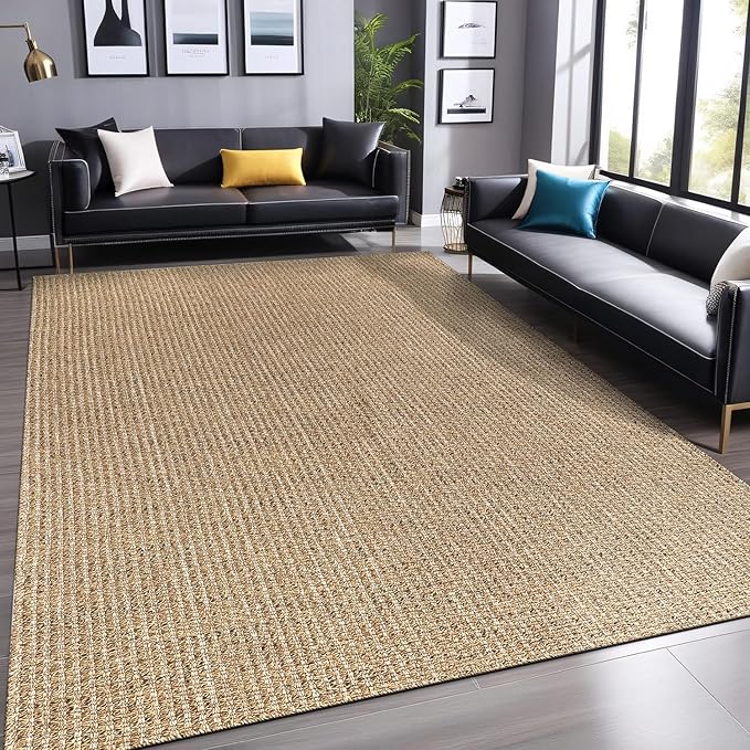 Easy Jute Rugs 6x9 Natural Color Living Room Indoor Outdoor Area Rug for Farmhouse Patio and Kitchen Rug High Traffic Washable Easy to Clean Solid Boho Woven Design Outside Carpet (6 x 9)