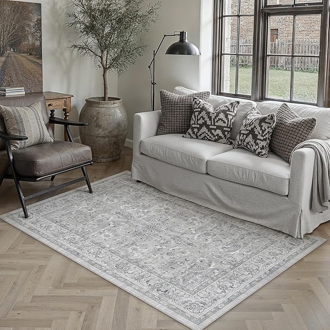 Gray 3x5 Area Rug Entryway Washable Vintage Carpet Office Small Indoor Non Slip Soft Low Pile Thin Stain Resistant Distressed Accent Throw Rug for Entrance Bedroom Dining Living Room