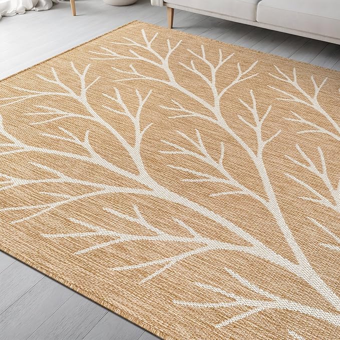 Washable Indoor Outdoor Rug 8x10 Modern Area Rugs Branch Pattern Non Shedding Waterproof Easy Clean Patio Deck Porch Living Room Bedroom Garden RV (8 X 10 Natural)
