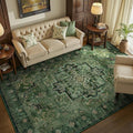 Dark Green Tranditonal 6x9 Area Rugs for Living Room, Vintage Distressed Medallion Printed Low Pile Thin Rugs for Bedroom, Washable Non Slip Soft Carpet for Dining Room Home Office Guest Room