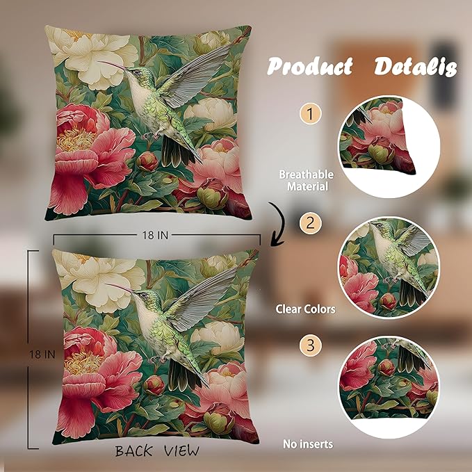 Vintage William Morris Hummingbird Pillow Cover 18x18 Set of 2,Rustic Green Hummingbird Bird Animal Floral Botanical Print Decorative Throw Pillow Covers for Home Bedroom Living Room