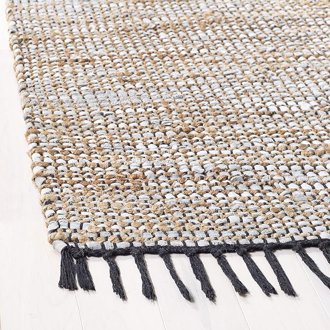 SAFAVIEH Vintage Leather Collection Accent Rug - 3' x 5', Silver, Handmade Boho Fringe Leather & Jute, Ideal for High Traffic Areas in Entryway, Living Room, Bedroom (VTL203G)