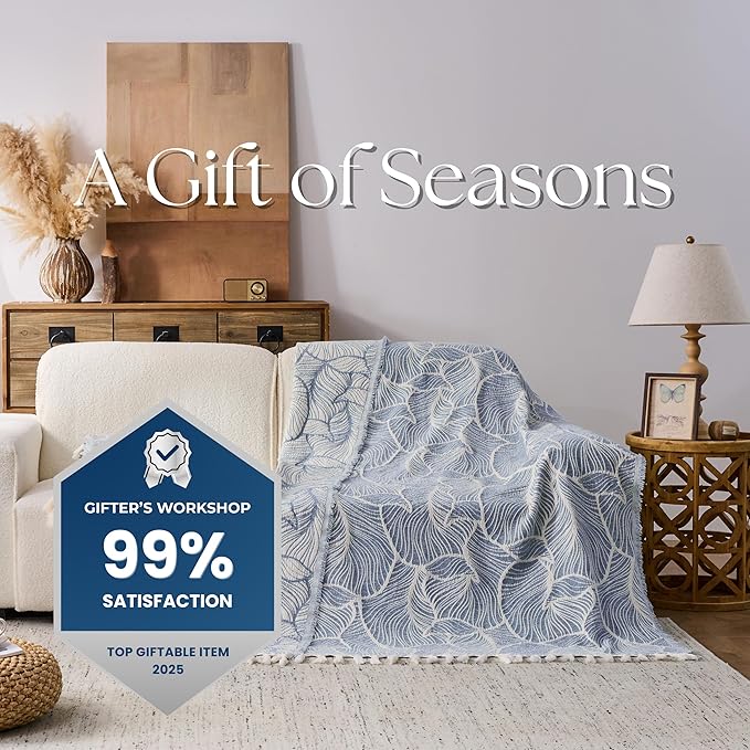 DOWN HOME Chenille Cotton Throw Blanket for Couch, Lightweight Boho Blanket for Bed Sofa Chair Living Room Outdoor Soft Woven Decorative Blanket with Tassel Gift Blue Leaves 60"x80"