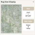 2x3 Abstract Washable Rugs for Kitchen, Floor, Entryway, Powder Room Small Area Rug Non-Slip Vintage Low Pile Throw Door Mat Green Ivory