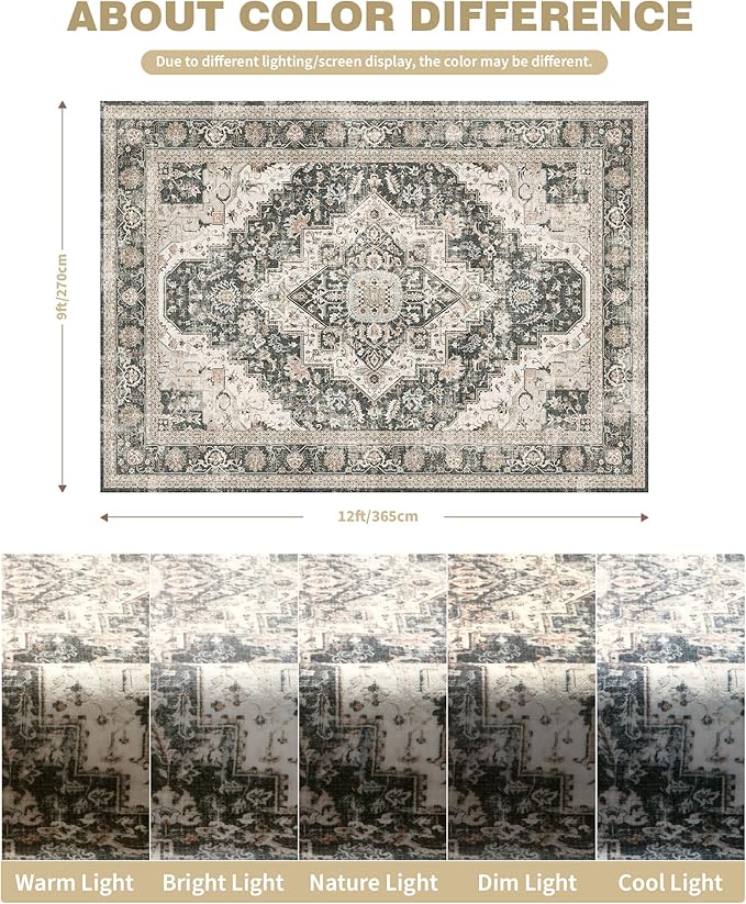 Washable Rugs 9x12, Large Area Rugs 9x12 Living Room with Non-Slip Backing, Super-Soft Floral Vintage Rug, Low Pile Area Rug for Bedroom, Dining Room, Office (Black/Beige, 9'x12')