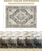 Washable Rugs 9x12, Large Area Rugs 9x12 Living Room with Non-Slip Backing, Super-Soft Floral Vintage Rug, Low Pile Area Rug for Bedroom, Dining Room, Office (Black/Beige, 9'x12')