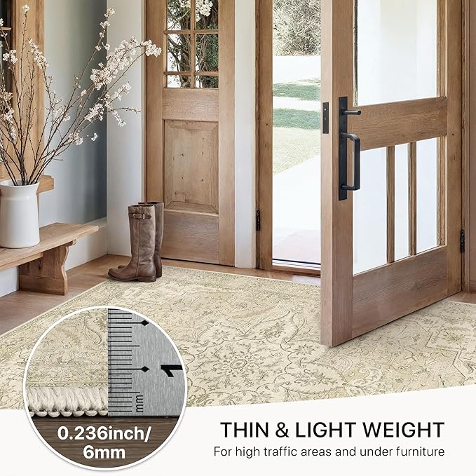 GENIMO 2X10 Washable Vintage Runner Rug for Hallway, Non-Slip Low Pile Chenille Print Rug, Soft Rugs for Indoor Entryway Kitchen Corridor, Linen & Taupe
