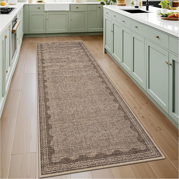 GarveeHome 2x6 Runner Rug for Hallway Washable Kitchen Rugs Non Slip Solid Coffee Modern Minimalism Soft Low-Pile Scalloped Indoor Carpet for Entryway Laundry Room Floor Mats