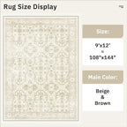 9x12 Area Rugs for Living Room, Non Slip Machine Washable Vintage Rugs, Low Pile Lightweight Large Rug for Bedroom, Dining Room, Home Office Beige/Brown