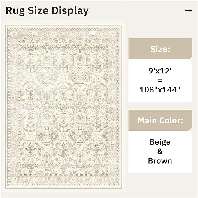 9x12 Area Rugs for Living Room, Non Slip Machine Washable Vintage Rugs, Low Pile Lightweight Large Rug for Bedroom, Dining Room, Home Office Beige/Brown
