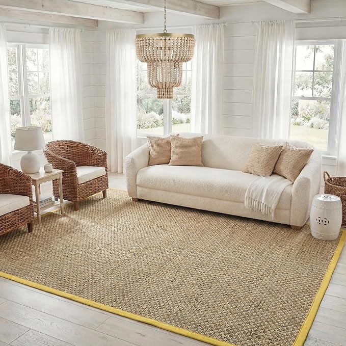 SAFAVIEH Area Rug 8x10 - Natural Fiber Collection - Large - Natural & Gold, Seagrass, Basketweave Pattern (NF114X)