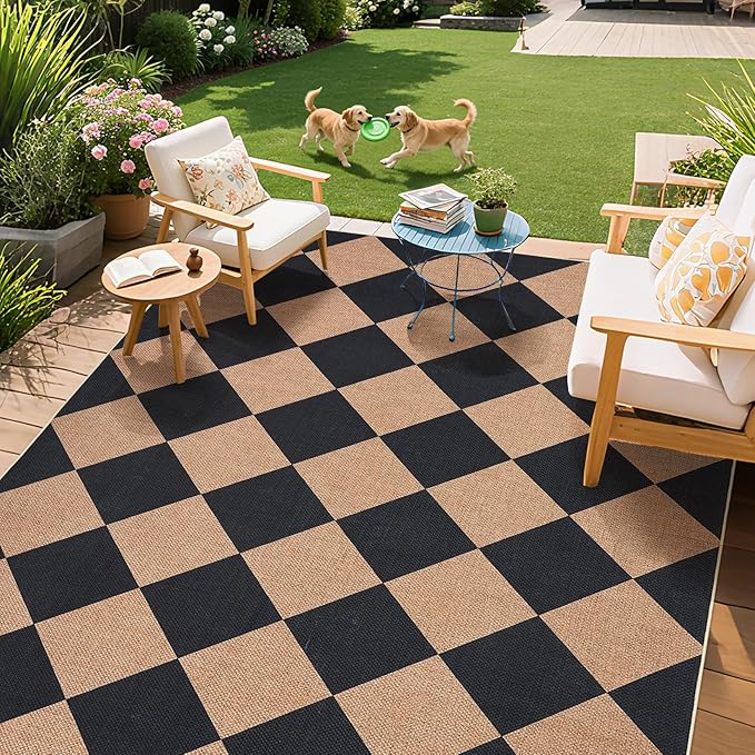 GarveeHome Checkered Easy Jute 5x7 Area Rugs for Living Room Machine Washable Non-Slip Backing Stain Resistant Modern Indoor Outdoor Rugs for Farmhouse Dining Room Patio Black Tan