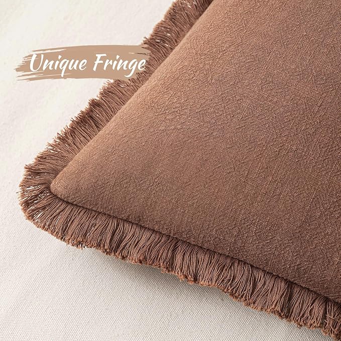 MIULEE Decorative Throw Pillow Covers Neutral Linen Fringe Throw Pillows Euro Shams Set of 2 Brick Boho Farmhouse Cushion Covers for Couch Sofa Bed Living Room Spring Home Decor 24x24 Inch