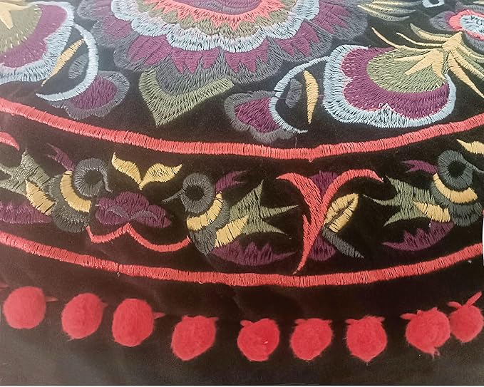 Mandala Life ART Round Black Velvet Pouf Cover - Soft Embroidered Ottoman Slipcover with Moroccan Design, 24 Inch Diameter, Ideal for Living Room, Bedroom, or Meditation Space - Floow Pillow Cushion