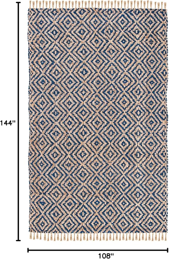SAFAVIEH Natural Fiber Collection Area Rug - 9' x 12', Tropical Blue & Natural, Handmade Boho Diamond Tassel Jute, Ideal for High Traffic Areas in Living Room, Bedroom (NF266D)