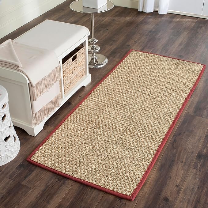 SAFAVIEH Natural Fiber Collection Runner Rug - 2'6" x 12', Natural & Red, Seagrass, Basketweave Pattern with Border (NF114D)