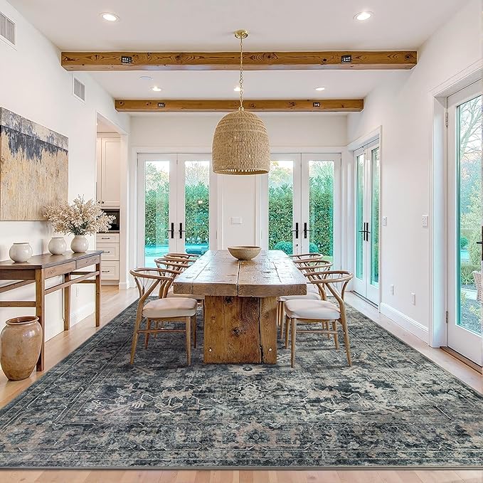9x12 Area Rugs for Living Room Bedroom, Large Washable Rug, Blue Vintage Retro Boho Rug, Non Slip & Low Pile Faux Wool Thin Carpet for Indoor Dining Room and Kids Room(Blue 9x12ft)
