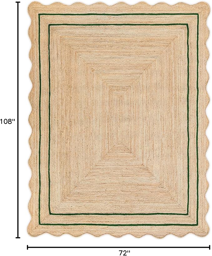 Wave Scalloped Natural Jute Runner - Boho Jute Entryway Rug, Green (6'x9')