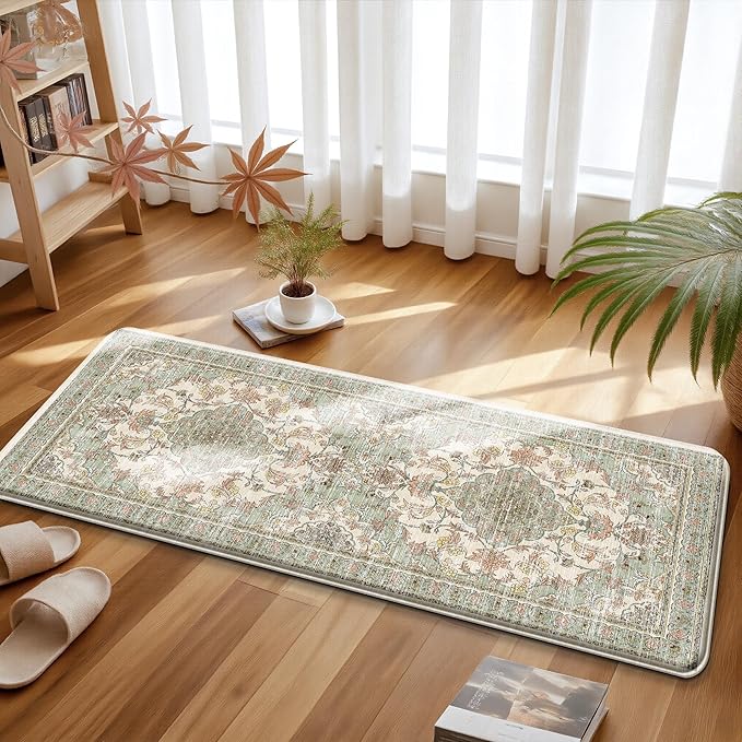 Boho Kitchen Mats for Floor 2 Piece Set Anti Fatigue Cushioned PVC Kitchen Rugs Non Slip Waterproof Farmhouse Mats 2/5 Inch Comfort Standing Mat for Laundry, 17.3"x47"+17.3"x28", Green Orange Beige