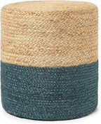 REDEARTH · Cylindrical Pouf Foot Stool Ottoman - Jute Braided Pouffe Poof Accent Sitting Footrest for Living Room, Bedroom, Nursery, Patio, Lounge Set of 2 (Natural Teal, 14.5"X14.5"X16")