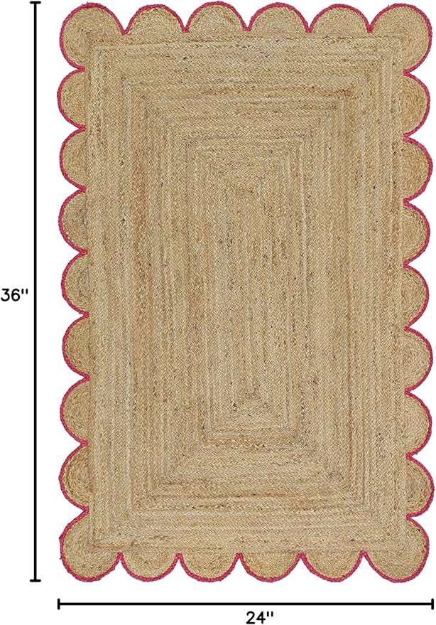 Scalloped Natural Jute Area Rug, Pink Trim, 2'x3'