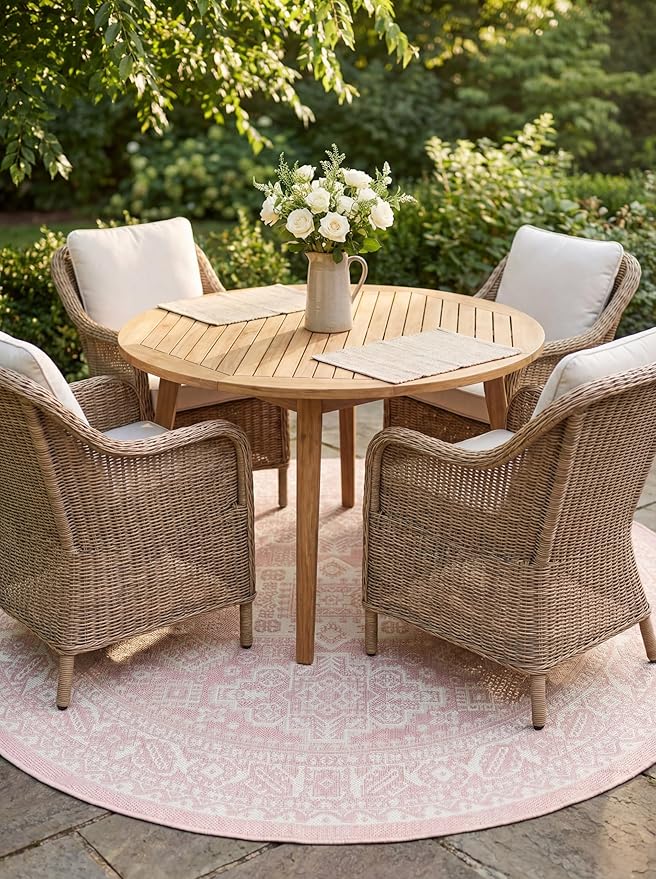 Rugs.com Outdoor Aztec Collection Rug – 5 Ft Round Pink Flatweave Rug Perfect for Kitchens, Dining Rooms