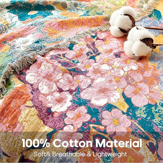 Boho Floral Throw Blanket 60"x80" 100% Cotton Twin Size Bed Blanket with Tassels,Reversible Soft Breathable Lightweight Decorative Flower Blankets for Couch Sofa Farmhouse Decor All Season