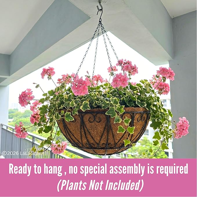 LaLaGreen Hanging Baskets for Plant Outdoor (18 Inch, 2 Pack) Large Black Metal Wire Hanging Planter with Coco Liner Round Flower Pot Hook Holder Hanger Deck Porch Modern Garden Balcony Country Decor