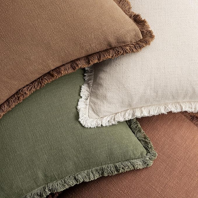 MIULEE Decorative Couch Pillow Covers Neutral Linen Fringe Throw Pillows Set of 4 Soft Rustic Cushions Boho Farmhouse Pillowcases for Bed Sofa Living Room Spring Decor 22x22 Inch Beige/Brown/Green
