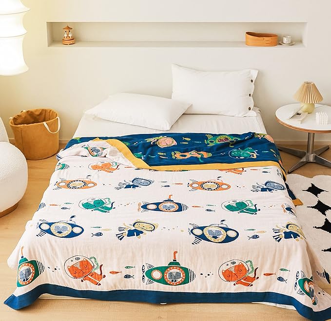 Scientific Sleep Underwater Scuba Cat Kitty Diver Submarine Fish Sea 100% Cotton Muslin Blanket Throw Cover for Kids Child Bed Couch Sofa Modern Fun Bedding Bedspread Coverlet Twin 60 in x 80 in