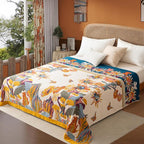 Boho Throw Blanket Twin Size, Soft Cozy Cotton Muslin Quilt Blanket for Bed Decor, Floral Patterned Couch Sofa Chair Cover, Vintage Farmhouse Cottage Tapestry Woven Blanket, Yellow&Blue