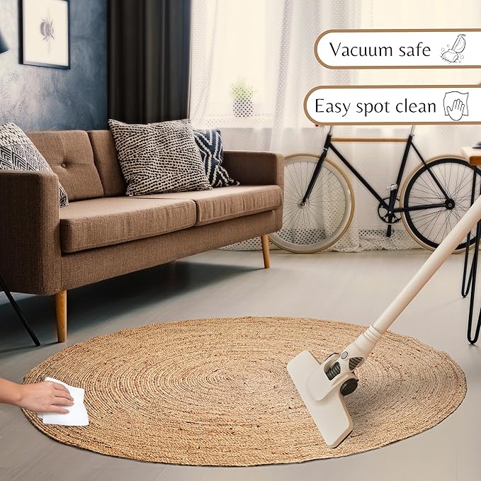 Ramanta Home Hand Woven Jute Braided Rug 4' Round - Natural, Farmhouse Accent Circle Reversible Rugs for Kitchen, Nursery, Kids Room, Boho Floor Carpet for Living Room, Patio - 4 Feet Round