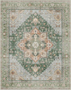 GENIMO 7x10 Area Rugs for Living Room, Machine Washable Non Slip Vintage Rugs, Low Pile Lightweight Chenille Print Rug for Bedroom, Dining Room, Home Office,Sage Green