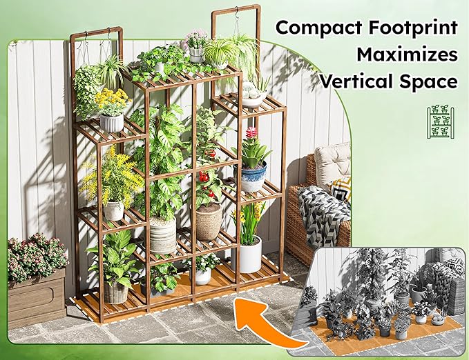 EnHomee 10 Tiers Plant Stand, Indoor Plant Stand with 14-18 Pots, Wood Plants Shelves for Living Room, Patio, Balcony, Yard, Garden, 44.8''W×11.6''D×47''H