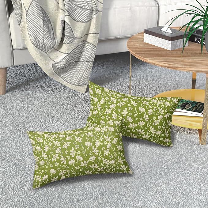 Lime Green Pillow Covers 12x20 Set of 2 Vintage Floral Rustic Old Style Cute Flower Print Rectangle Decorative Outdoor Pillowcases Seasonal Farmhouse Throw Cushion Case Couch Sofa Bed Decor