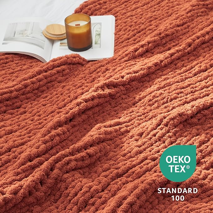 Amélie Home Chunky Knit Throw Blanket for Couch, Soft Chenille Crochet Blanket for Sofa, 50"x60", Burnt Orange