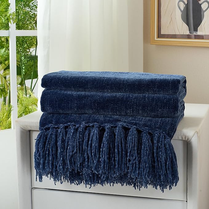 Chenille Throw Blanket for Couch with Tassels,60"X80" Soft Cozy Lightweight Knitted Boho Decorative Blankets for Bed and Sofa,Navy Blue