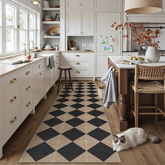 2x8 Checkered Easy Jute Runner Rug Non Slip Hallway Kitchen Washable Outdoor Rug for Entryway Indoor Checkerboard Black Long Indoor Outdoor Textured Diamond Carpet for Bedside Entry Porch