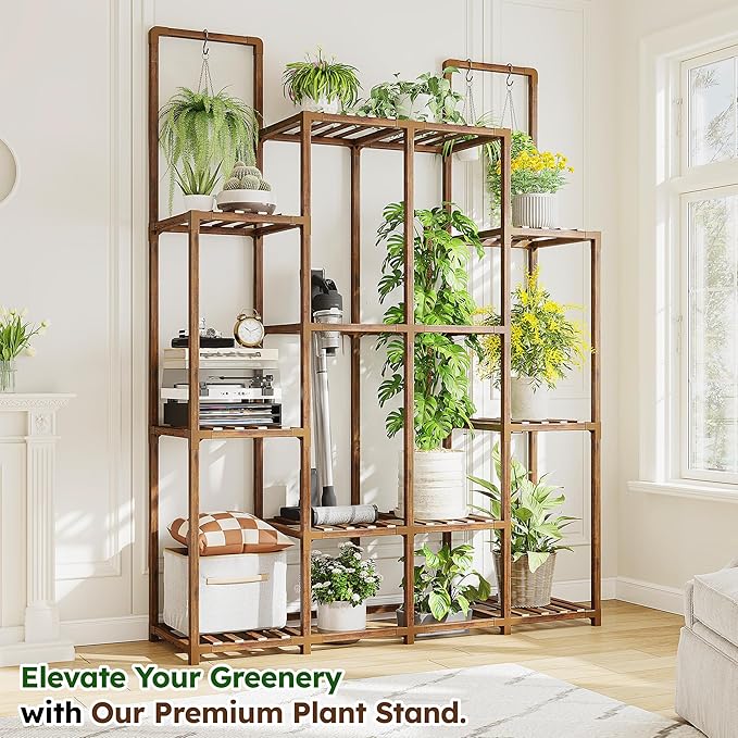 EnHomee 10 Tiers Plant Stand, Indoor Plant Stand with 14-18 Pots, Wood Plants Shelves for Living Room, Patio, Balcony, Yard, Garden, 44.8''W×11.6''D×47''H