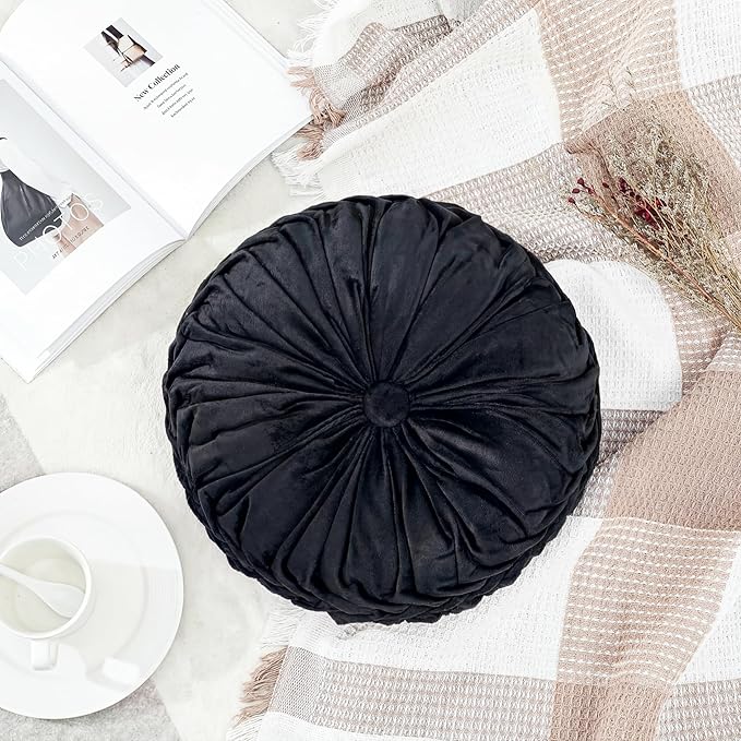 Round Throw Pillows Decorative Pleated Throw Pillows 15'' Diameter Accent Pumpkin Boho Chair Cushion for Couch Sofa Home Decoration(Black,1 Pcs)