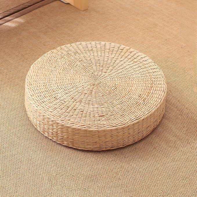 Round Woven Floor Pillow Natural Seat Cushion, Straw Flat Seat Cushion, Handmade Floor Pouf Mat, Ottoman Footstool for Meditation, Zen, Yoga Practice or Buddham (15.74" Dia. x 3.94" H)