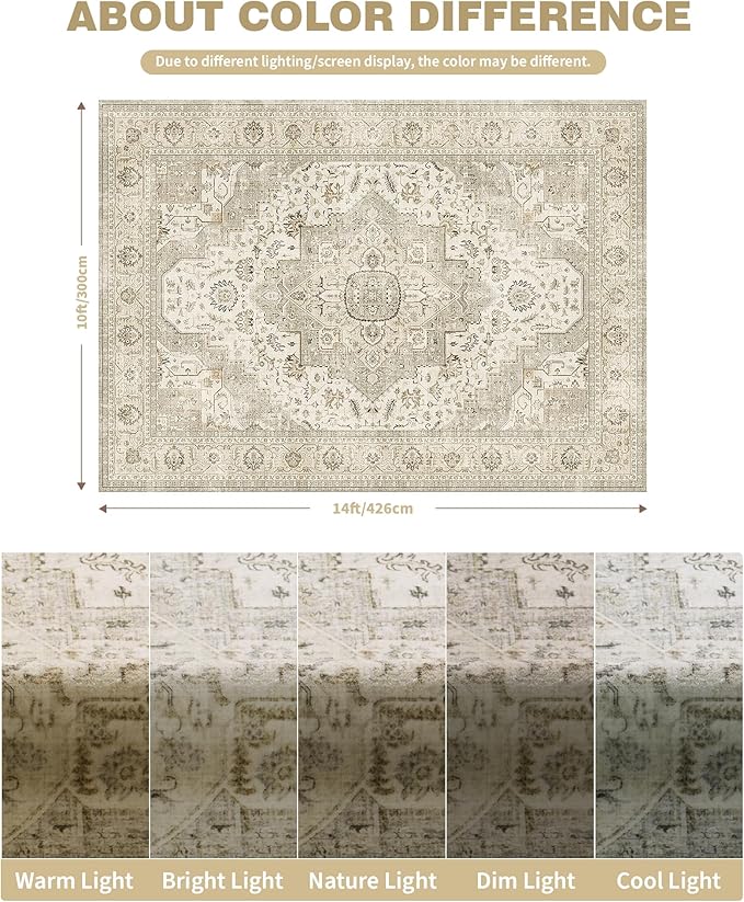 10x14 Area Rugs for Living Room - Large Washable Rug with Non-Slip Backing, Super Soft Vintage Carpet for Bedroom, Ultra-Thin Farmhouse Indoor Area Rug Home Decor (Ivory/Beige, 10'x14')
