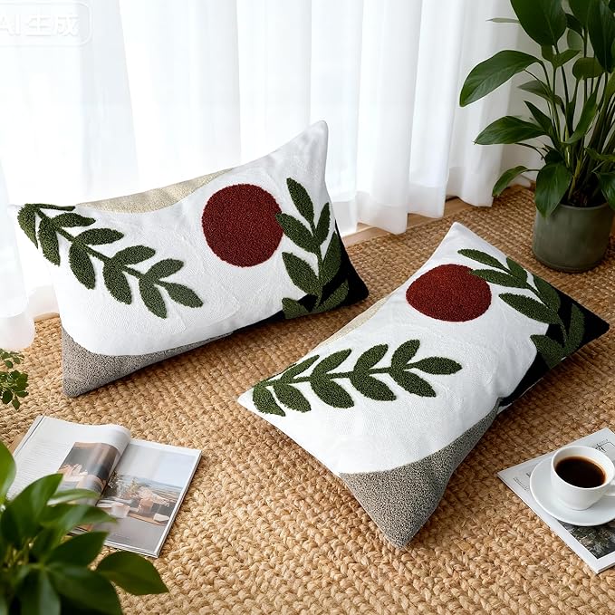 Boho Embroidered Throw Pillow Covers 12x20, Lumbar Decorative Pillow Covers Tufted Abstract Modern Leaf Sun Textured Couch Cushion Cases for Sofa Bed Living Room Decor (1PC, Black Red)