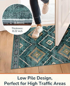 Area Rug 3x5 Rug Machine Washable Non-Slip Low Pile Print Pattern Western Rug for Living Room Bedroom Entryway Tribal Series -Teal/Green