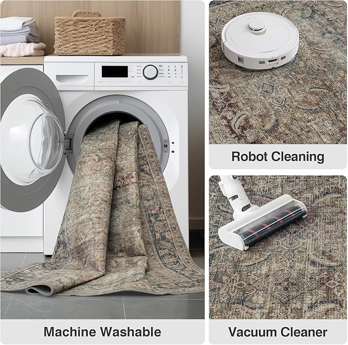 FMFUNCTEX 4x6 Washable Area Rug Neutral Vintage Brown Distressed Non Slip Low Pile Retro Indoor Carpet for Entryway Living Room Bedroom Soft Mat Throw Rug for Dining Office Kitchen Entryway, Multi