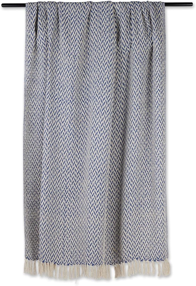 DII Modern Zig Zag Throw Blanket Woven Cotton, Hand-Knotted 2.5" Fringe, 50x60, French Blue