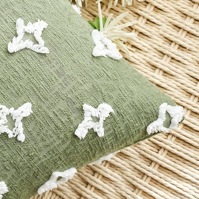 ANRODUO Pack of 2 Sage Green Floral Boho Decorative Throw Pillow Covers with Tufted Rhombic Jacquard for Room Decor Pillow Covers 18x18 Cute and Soft Pillowcase for Couch Sofa and Living Room Fall