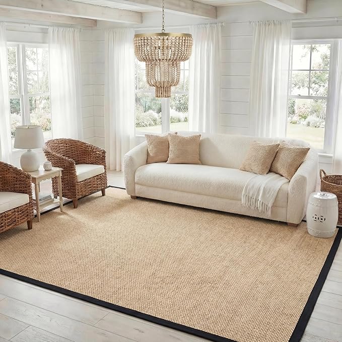 SAFAVIEH Area Rug 8x10 - Natural Fiber Collection - Large - Maize & Black, Sisal, Woven Design with Border (NF141A)
