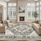 Washable Rugs 9x12, Large Area Rugs 9x12 Living Room with Non-Slip Backing, Super-Soft Floral Vintage Rug, Low Pile Area Rug for Bedroom, Dining Room, Office (Black/Beige, 9'x12')