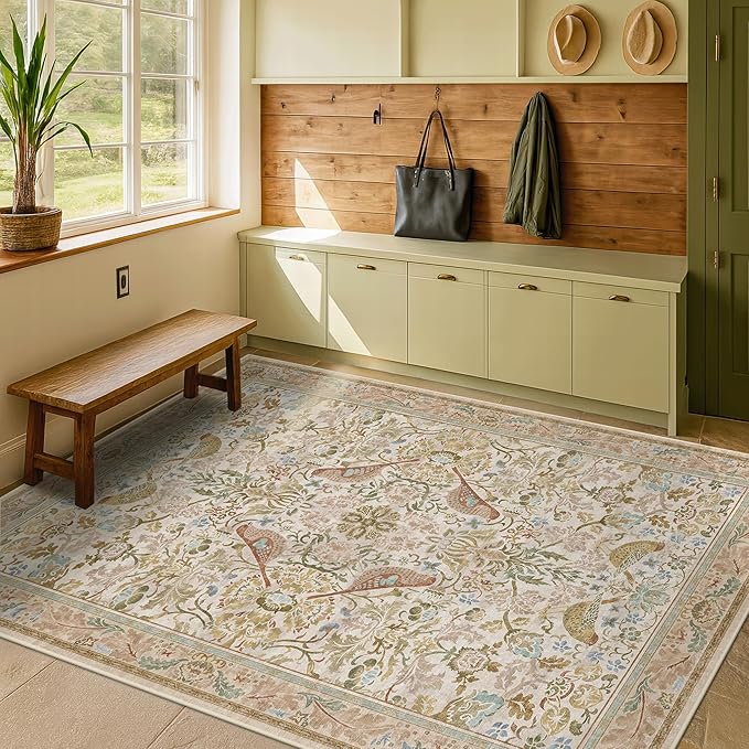 Washable Area Rugs 5x7 for Living Room - Boho Cottagecore Earthy Rugs for Bedroom, Dining Room, Office with Vintage Beige Taupe Botanical & Bird Pattern, Non Slip Stain Resistant Low Pile